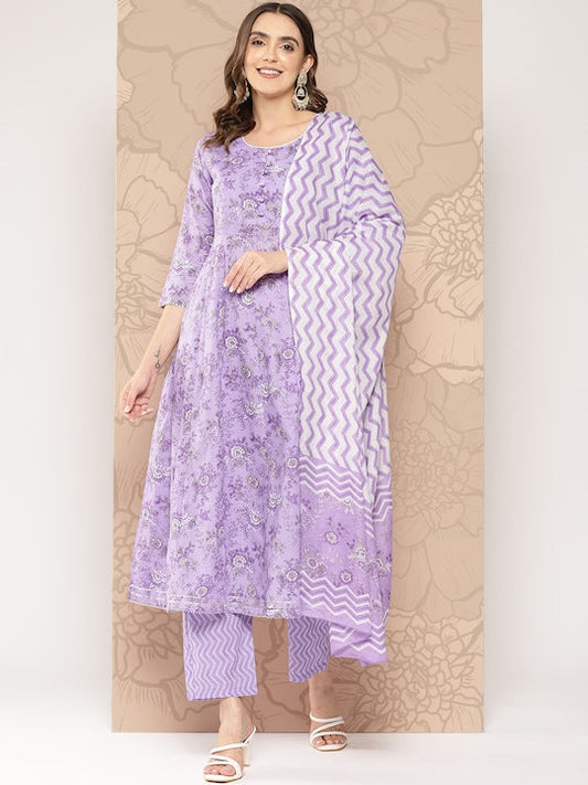 Yufta Women Floral Printed Gotta Patti Pure Cotton Kurta with Trousers & With Dupatta