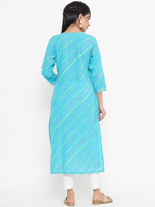 Yufta Women Blue Leheriya Striped Kurta