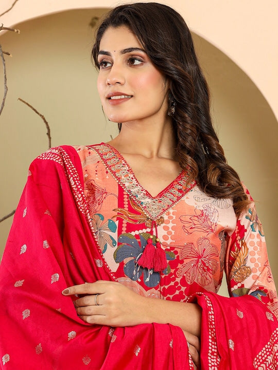Vishudh Floral Printed Regular Pure Cotton Kurta with Trousers & Dupatta