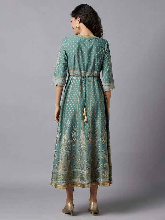 Aurelia Green & Gold-Toned Ethnic Motifs Printed A-Line Midi Dress