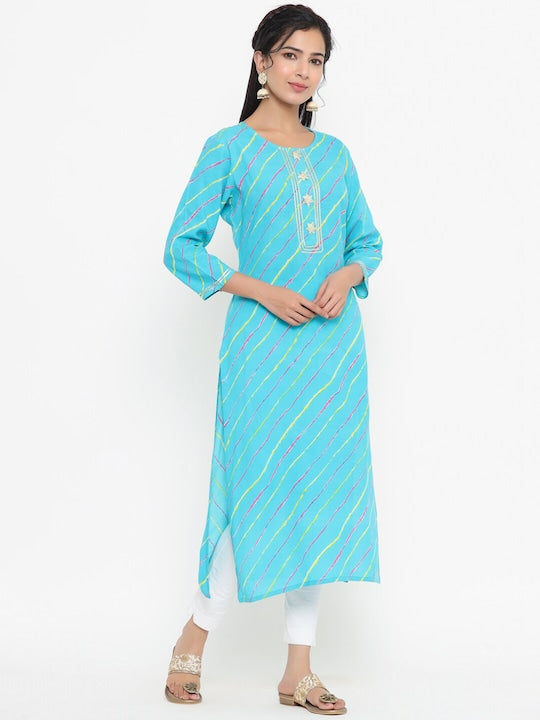 Yufta Women Blue Leheriya Striped Kurta