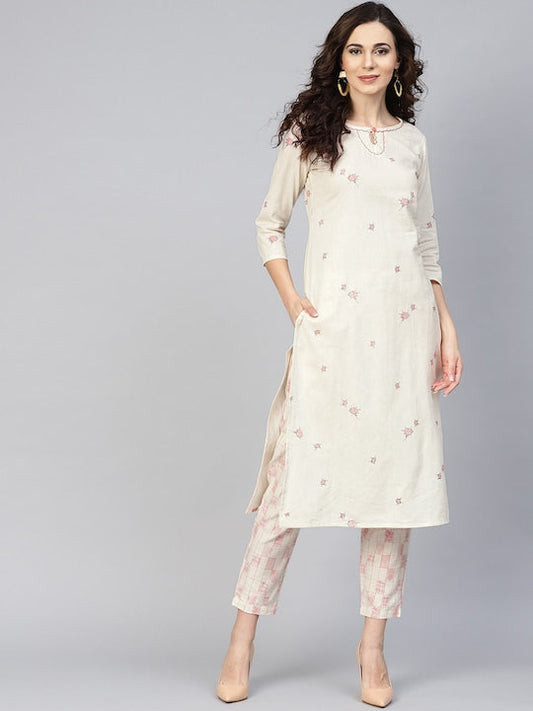 Yufta Women Off-White Printed Kurta with Trousers - XXL