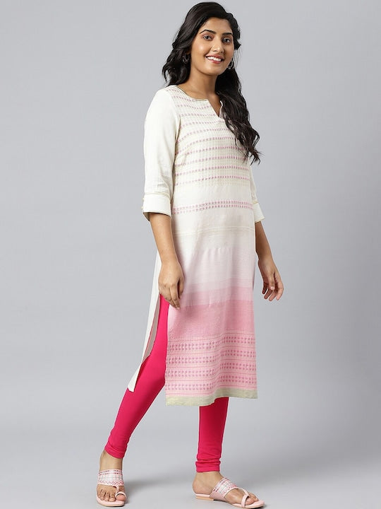 Aurelia Women Off White & Pink Striped Kurta