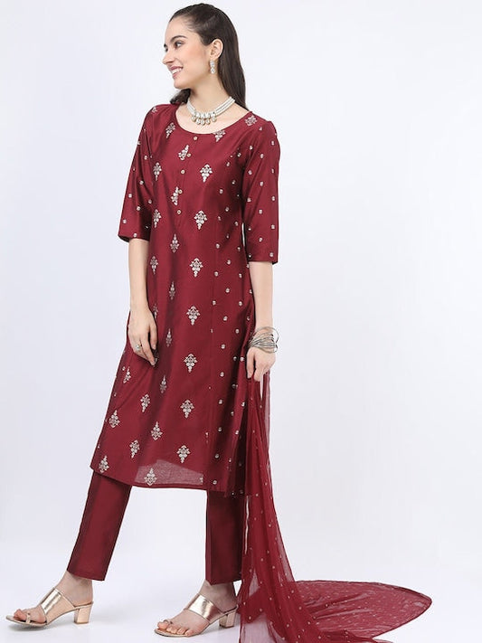Vishudh Women Red Floral Printed Kurta with Trousers and Dupatta