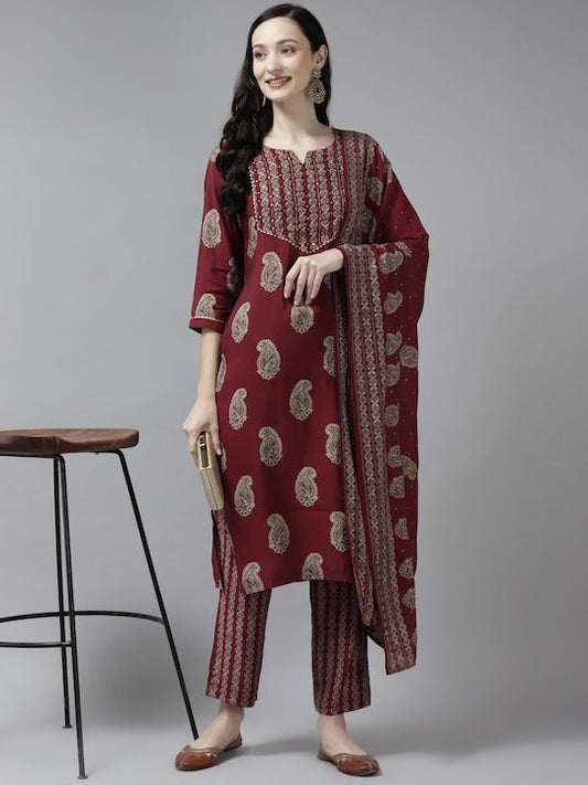 Yufta Women Maroon Paisley Printed Thread Work Kurta With Trousers & With Dupatta
