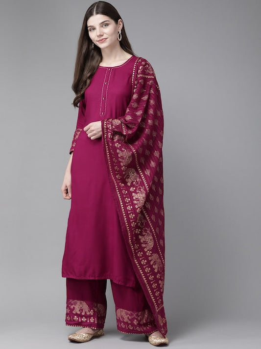 Yufta Women Maroon & Golden Pure Cotton Solid Kurta with Palazzos & Dupatta