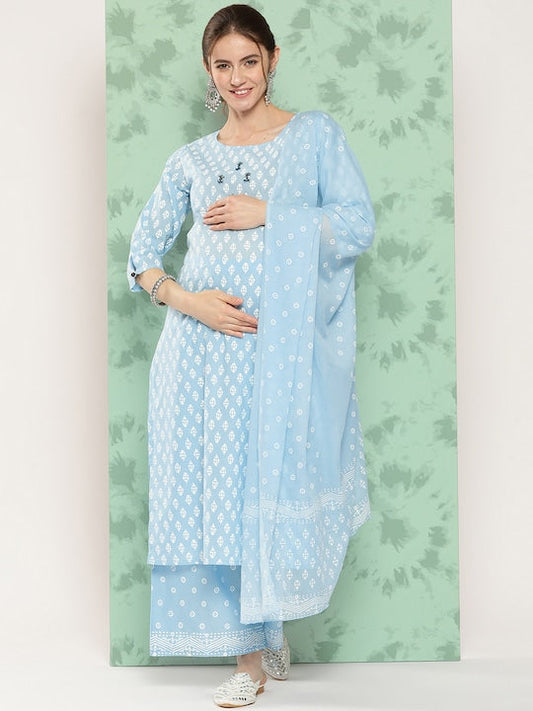 Yufta Ethnic Motifs Embroidered Thread Work Pure Cotton Kurta With Palazzos & With Dupatta