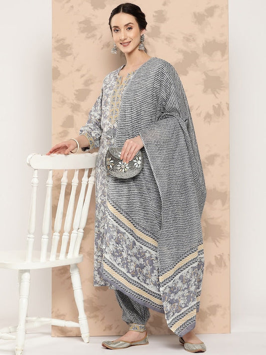 Yufta Women Grey Floral Printed Regular Pure Cotton Kurta with Harem Pants & With Dupatta