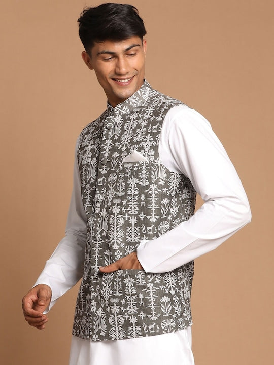 Vastramay Men Green Printed Woven Nehru Jackets