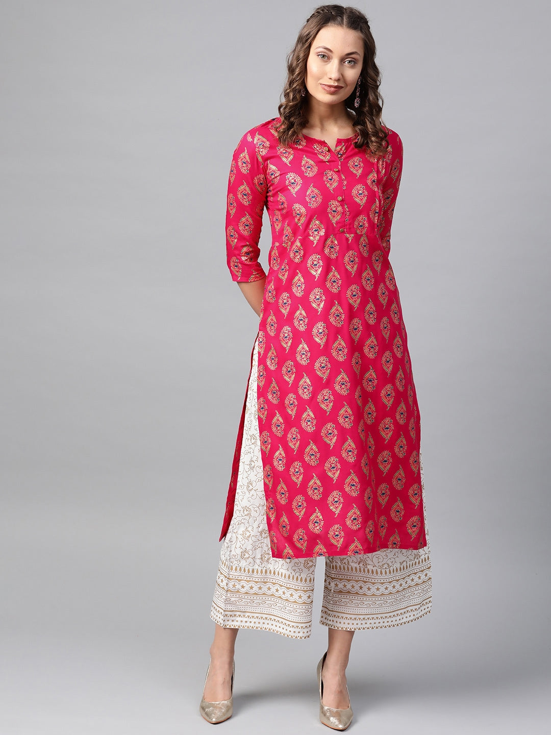 Anubhutee Women Pink & Golden Printed Straight Kurta