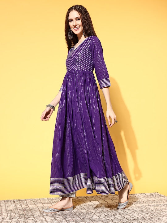 Varanga Women Charming Purple Cotton Swirling Volume Kurta