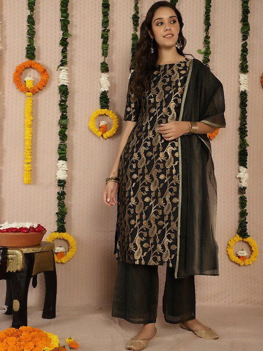 AKS Couture Floral Woven Design Regular Kurta with Palazzos & With Dupatta