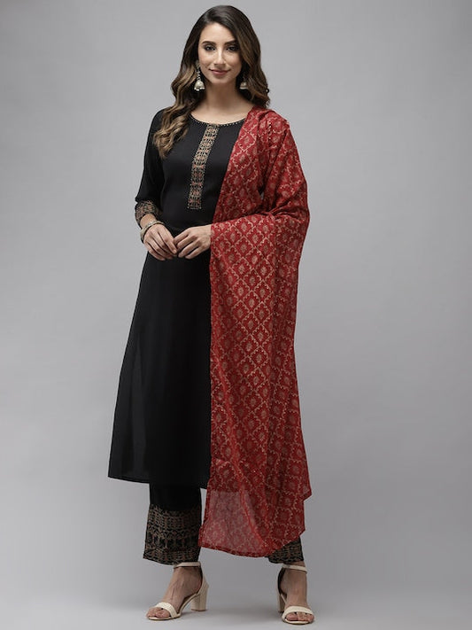 Yufta Women Black & Maroon Thread Work Pure Cotton Kurta with Palazzos & With Dupatta