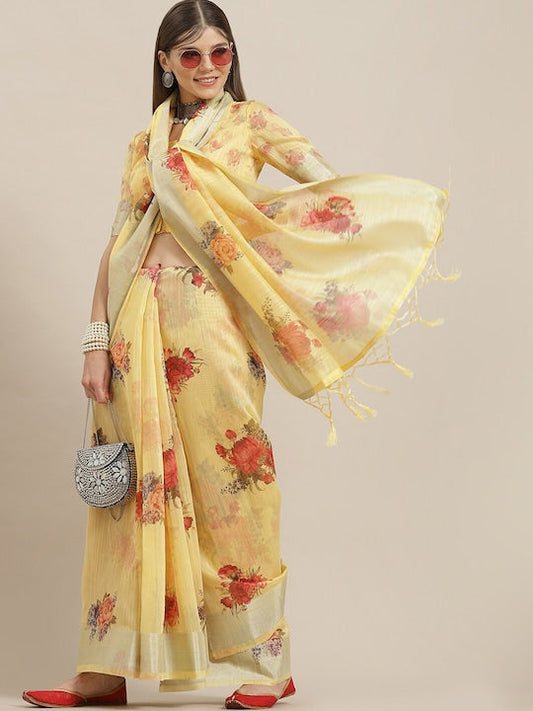 AKS Floral Printed Zari Chanderi Saree