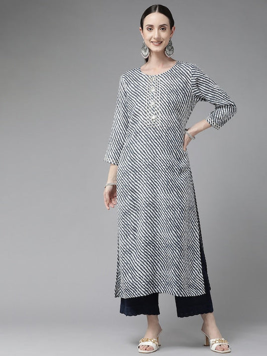 Yufta Women Grey Leheriya Printed Gotta Patti Kurta - M