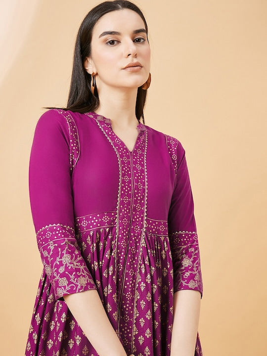 All about you Maroon Ethnic Motifs Printed Gotta Patti Regular Kurta with Trousers