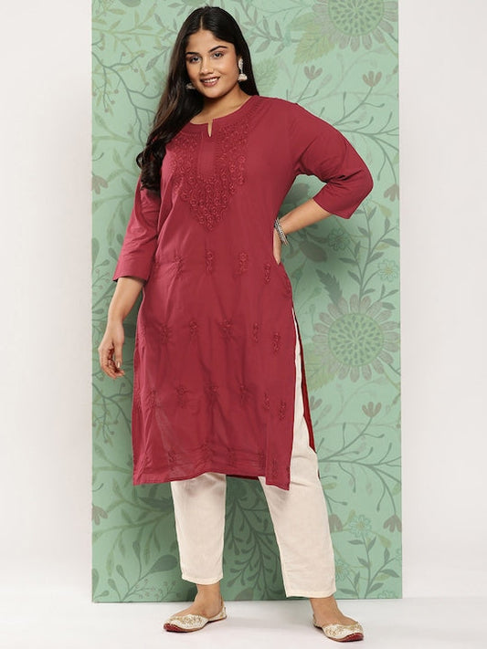 Yufta Plus Size Floral Embroidered Chikankari Pure Cotton Kurta
