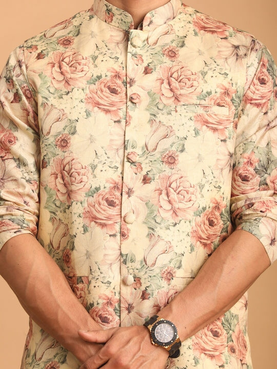 Vastramay Floral Printed Kurta with Pyjamas with Nehru Jacket