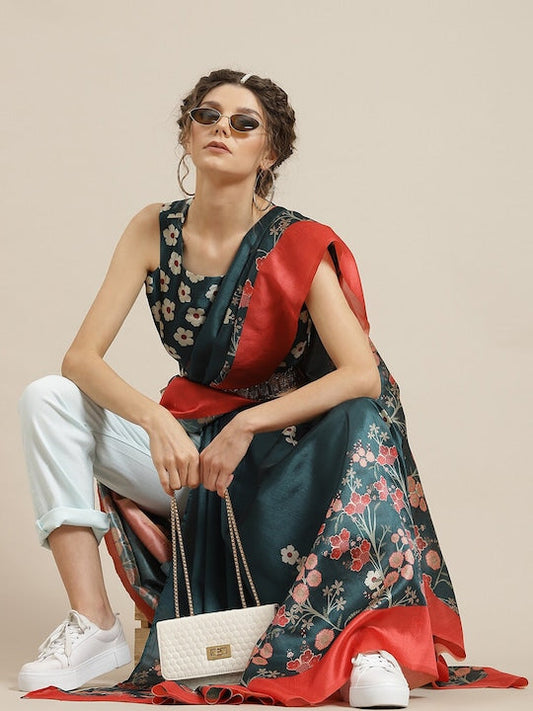 AKS Floral Printed Zari Silk Blend Saree