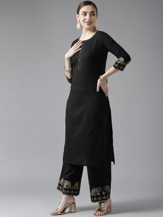 Yufta Women Black Ethnic Motifs Printed Pure Cotton Kurta with Palazzos