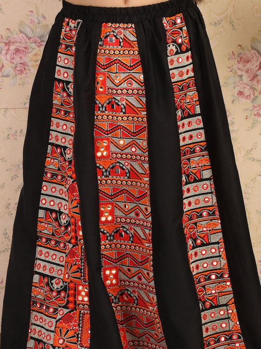 Vastramay Girls Black & Orange Embroidered Mirror Work Lehenga Set