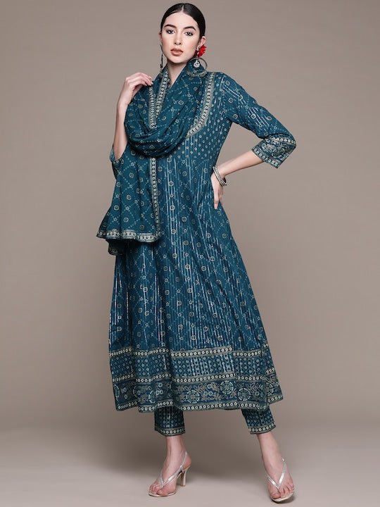 Anubhutee Women Teal Ethnic Motifs Printed Mirror Work Pure Cotton Kurta with Trousers & With Dupatta