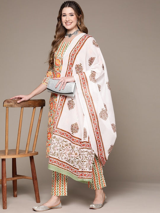 Anubhutee Women Green Floral Printed Sequinned Pure Cotton Kurta with Trousers & Dupatta