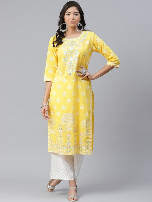 Anubhutee Women Yellow & Green Pure Cotton Ethnic Motifs Printed Kurta with Palazzos - XL