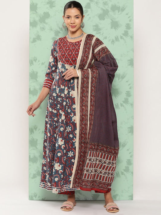 Yufta Floral Printed Gotta Patti Pure Cotton Kurta With Palazzos & With Dupatta