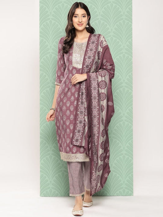 Yufta Women Floral Yoke Design Regular Chanderi Silk Kurta with Trousers & Dupatta