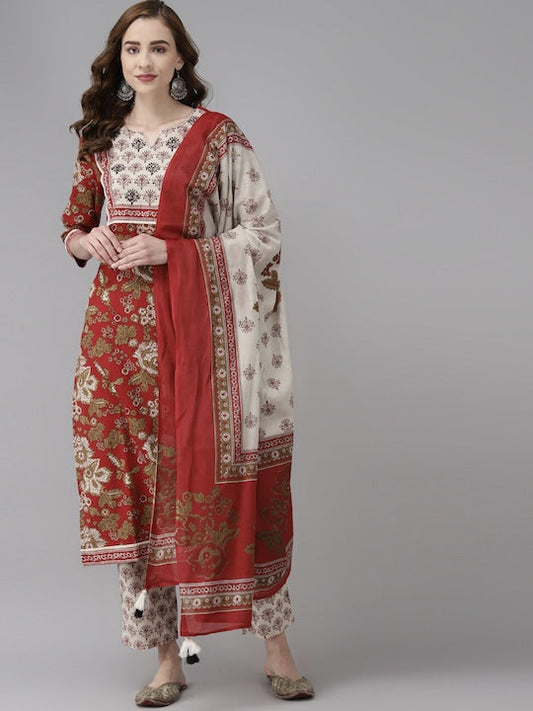 Yufta Women Maroon Floral Printed Regular Thread Work Pure Cotton Kurta with Palazzos & With Dupatta