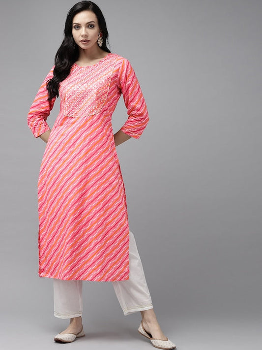 Yufta Women Pink Bandhani Yoke Design Regular Sequinned Pure Cotton Kurta with Palazzos