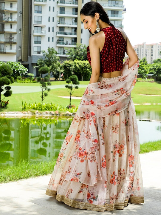 AKS Couture Bandhani Printed Ready to Wear Organza Lehenga & Blouse With Dupatta