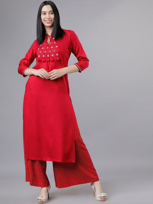 Vishudh Women Red Embroidered Kurta with Palazzos - S