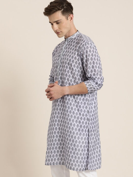 Vastramay Men Grey Ethnic Motifs Printed Muslin Blend Kurta