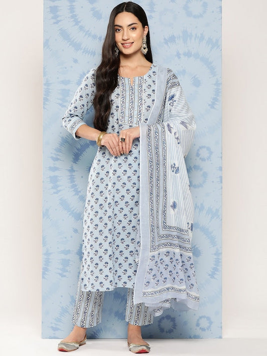 Yufta Women Ethnic Motifs Printed Regular Pure Cotton Kurta with Trousers & With Dupatta