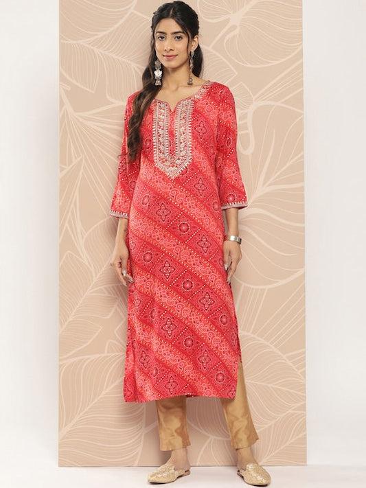 Yufta Bandhani Printed Gotta Patti Kurta Red