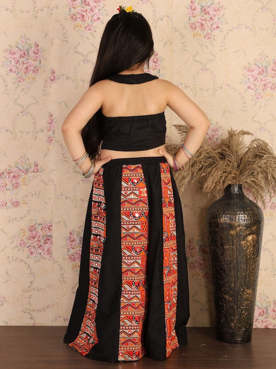 Vastramay Girls Black & Orange Embroidered Mirror Work Lehenga Set