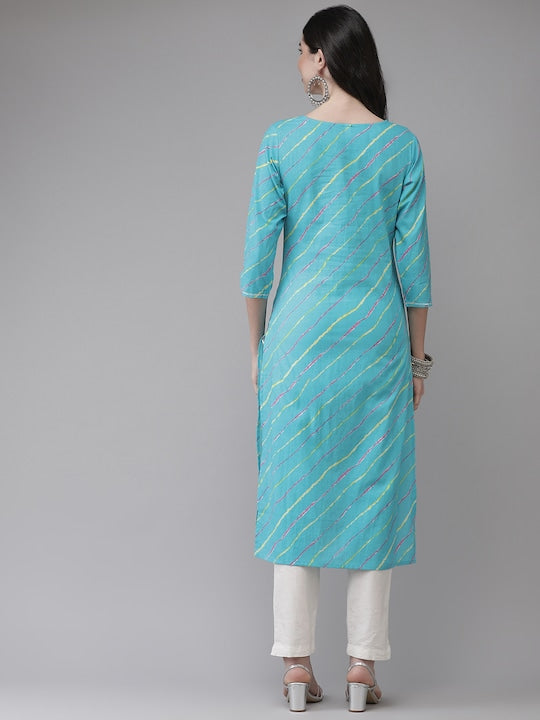 Yufta Women Turquoise Blue & Multicoloured Leheriya Printed Gotta Patti Kurta