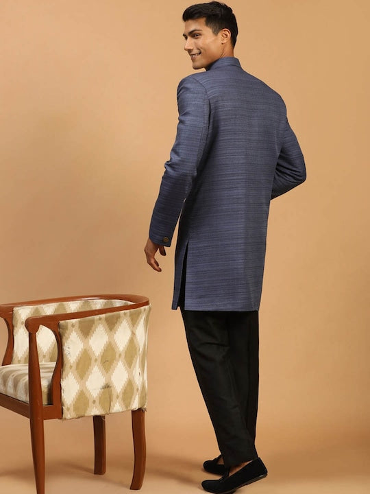 Vastramay Men Blue & Black Textured Sherwani Set