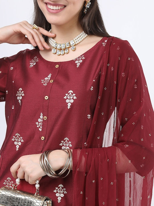 Vishudh Women Red Floral Printed Kurta with Trousers and Dupatta