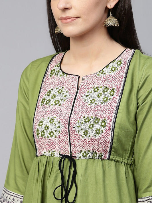 All about you Green & Pink Ethnic Motifs Printed Notch Neck A-Line Midi Dress
