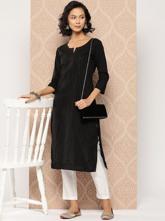 Yufta Floral Embroidered Chikankari Cotton Kurta Black