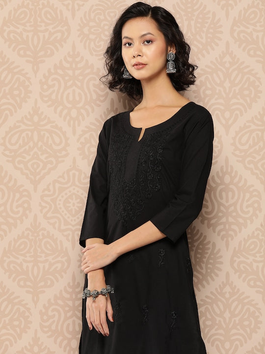 Yufta Floral Embroidered Chikankari Cotton Kurta Black