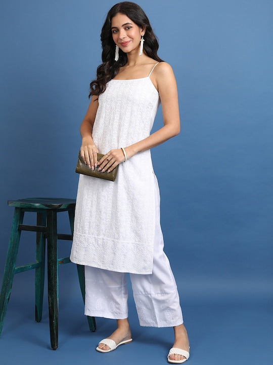 Vishudh Floral Embroidered Shoulder Strapped Schiffli Straight Kurta