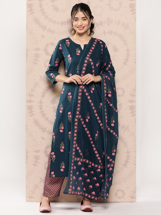 Yufta Women Floral Printed Regular Pure Cotton Kurta with Trousers & With Dupatta