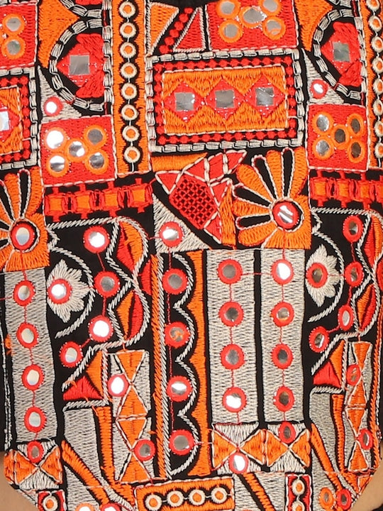 Vastramay Girls Black & Orange Embroidered Mirror Work Lehenga Set