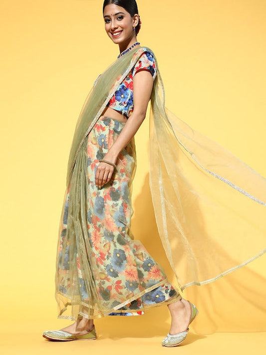 AKS Couture Floral Printed Organza Saree