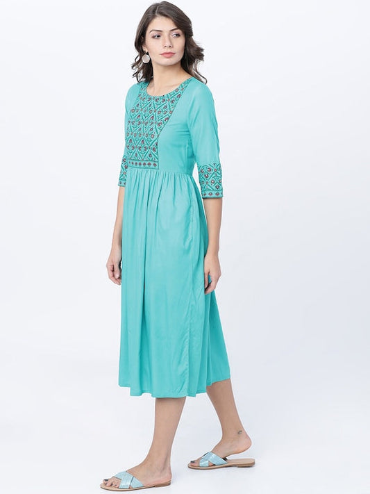 Vishudh Women Sea Green Printed Fit and Flare Dress