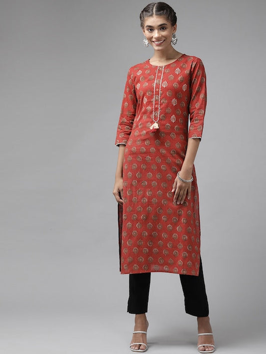 Yufta Women Red Ethnic Motifs Printed Gotta Patti Kurta
